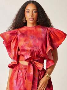 Vixey Abstract Floral Print Exaggerated Ruffle Sleeve Taffeta Top, Cute Summer Tops, Ruffle Top, Summer, Fall, Autumn, Going Out Tops Women, Date Night - Multicolor - View 6