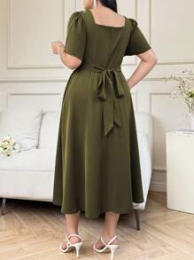 SHEIN Clasi Plus Size Women's Summer Retro Rhinestone Decor Square Neck Elegant Artistic Style French Style Dress