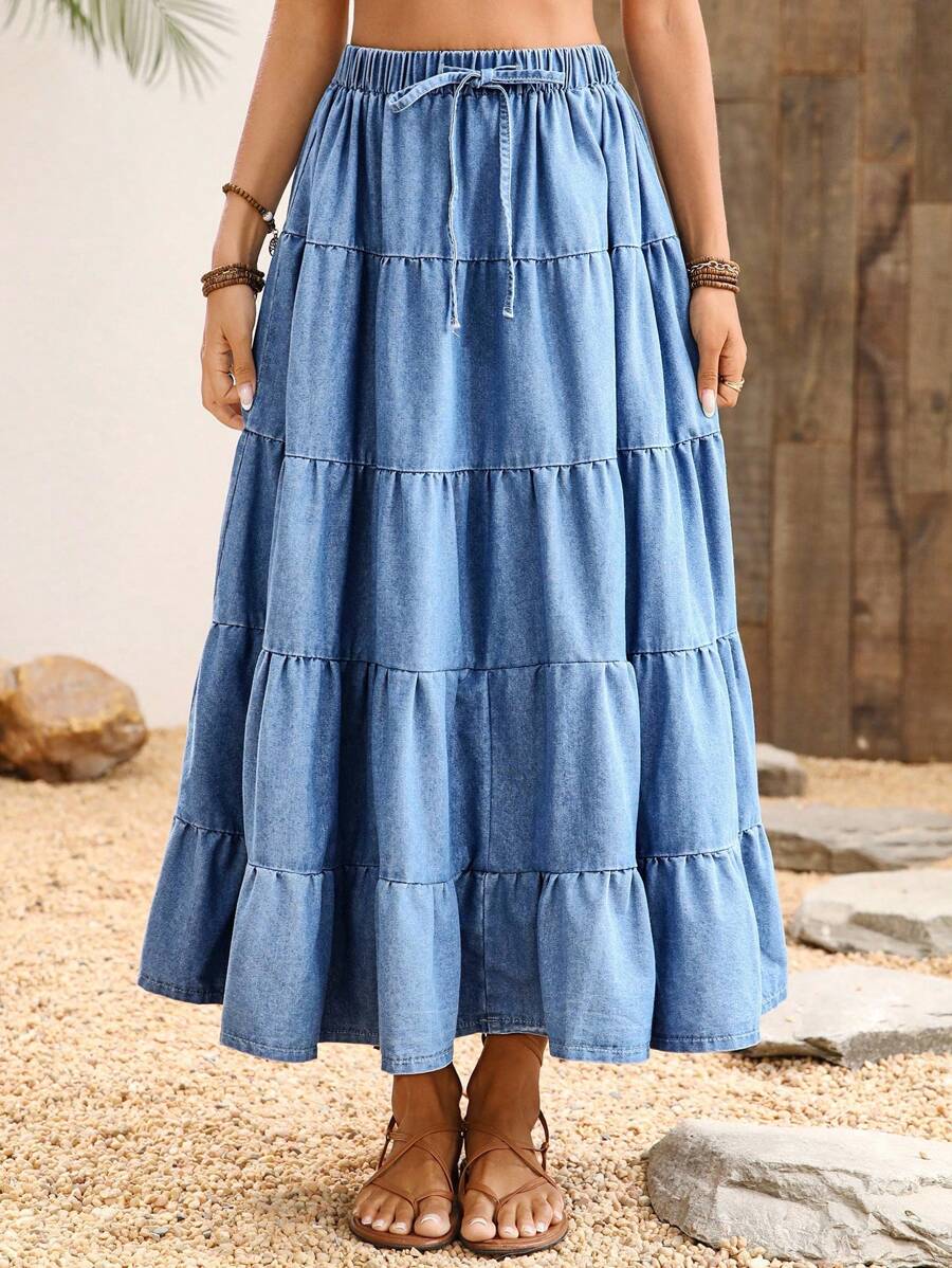 LanaWest 女式牛仔长裙，夏季时尚 - 藍色 - 查看 1