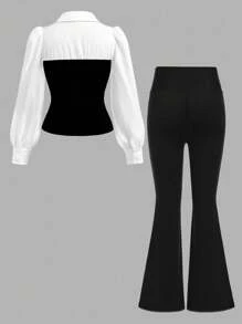 SHEIN Tween Girl Elegant Black And White Color Block Puff Long Sleeve Slit Hem Fashion Shirt Blouse And Solid Black Flared Leg Pants 2Pieces Set, For Daily Wear, Back To School, For Spring/Autumn