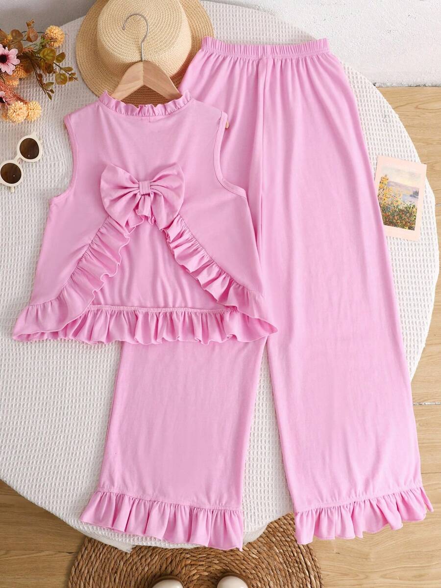 Tween Girl Resort Print Woven Jacquard Back Tie Ruffle Hem Camisole Dress For Summer Summer Outfits Vacation Outfits Girls Bow Two Piece Set - Pink - View 1