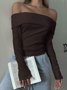 SHEIN EZwear 女士棕色针织露肩修身T恤