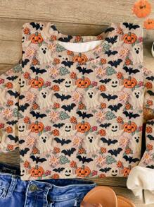 INAWLY 女士南瓜和蝙蝠图案圆领休闲套头毛衣，百搭长袖运动衫 - 彩色 - 查看 3