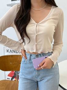 DAZY Áo thun cài nút phía trước không có áo hai dây, áo dài tay cho nữ, quần áo mùa thu cho nữ - Màu be - Xem 5