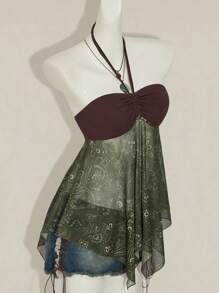 SHEIN ICON Y2k Nữ Kiểu Tây Boho Babydoll Màu Nâu Và Xanh Lá Cây Kỳ Nghỉ In Họa Tiết Paisley Hạt Điều Dây Rút Cổ Halter Camisole - Nhiều màu - Xem 8