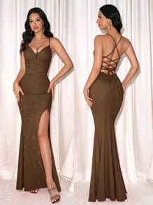 Coutiva Women's Sexy Spaghetti Strap Backless Criss-Cross Slit Formal Evening Gown - Brown - View 6