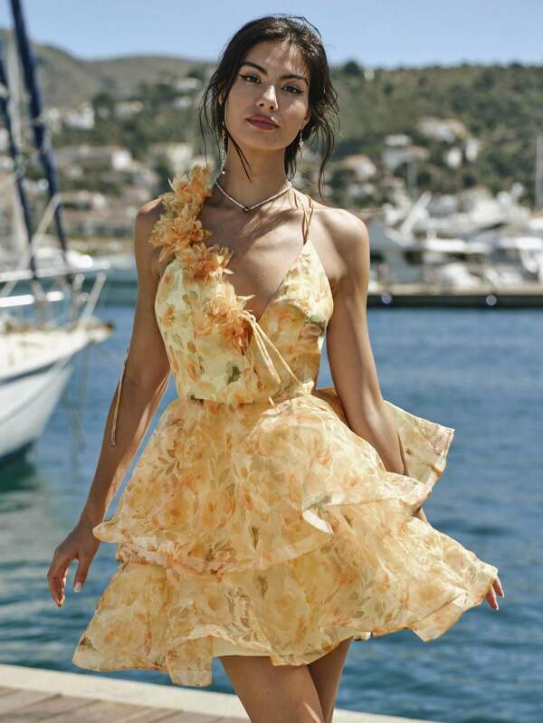 Enchnt Rochie de vacanță elegantă pentru femei, cu imprimeu floral, scobită în scobitură, cu legături la spate