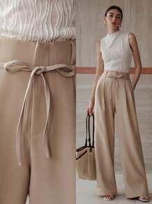 MOTF PREMIUM PANTALONES ACAMPANADOS CON PLIEGUES Y CINTURÓN - Caqui - Ver 1