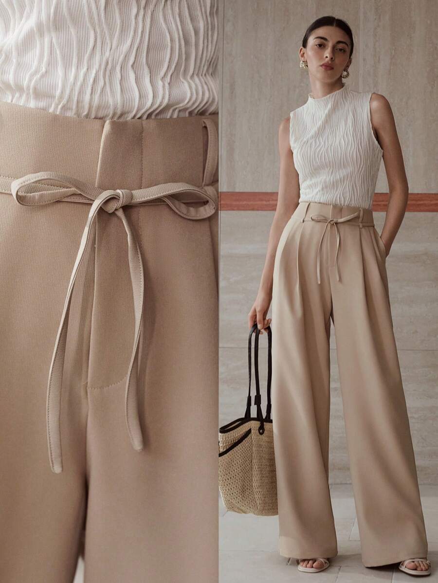 MOTF PREMIUM PANTALONES ACAMPANADOS CON PLIEGUES Y CINTURÓN - Caqui - Ver 1