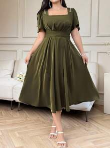SHEIN Clasi Plus Size Women's Summer Retro Rhinestone Decor Square Neck Elegant Artistic Style French Style Dress