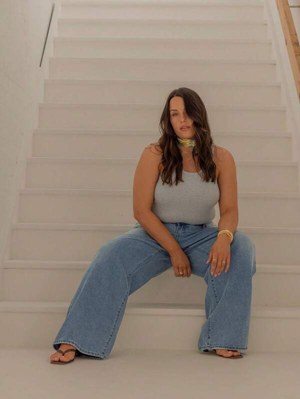 Aralina Pantalones vaqueros de verano para mujer de talla grande, con pierna ancha, ajuste relajado y tela de mezclilla lavada