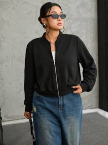 SHEIN EZwear 休闲黑色拉链短款大码飞行员夹克 - 黑色 - 查看 4