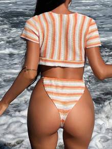 Swim Vcay Women's Summer Vacation Beach Stripe Sheer Cover-Up - Yellow - View 4