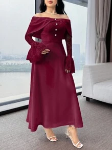 Modelyn Women Off Shoulder Contrast Lace Flare Sleeve Elegant Mid-Length Dress - Red - View 6