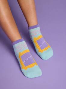 FRIENDS X SHEIN 4 pares de calcetines casuales para mujer suaves, transpirables y que absorben la humedad - Calcetines cortos coloridos y de moda, reforzados en el dedo del pie y el talón para mayor durabilidad, todo a juego para todas las estaciones