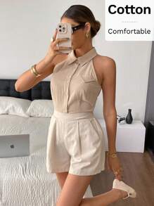 SHEIN Frenchy Chemise sans manches à boutons devant pour femmes, couleur unie, élégante, col chemise, Top épaules dénudées, design de rabat de fausse poche, en coton crêpe de couleur unie, simple, élégante, débardeur casual pour tous les jours, convient pour les déplacements en été. - Nude - Voir 5
