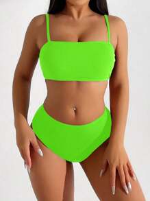 SHEIN Swim 夏季海滩女士纯色比基尼套装黑色两件套高腰比基尼套装