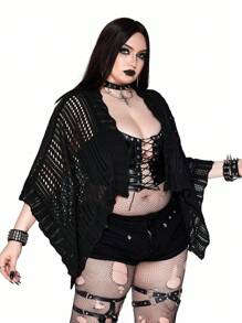 SHEIN Whyspr 大码女式复古朋克 Y2K 暗黑风格针织披肩开衫 / 酷女孩大码袖针织开衫冬季秋季秋季，万圣节 - 黑色 - 查看 6