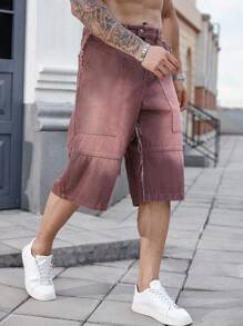 Manfinity LEGND Plus Size Men's Pockets Frayed Hem Wide Leg Loose Casual Denim Shorts - Burgundy - View 6