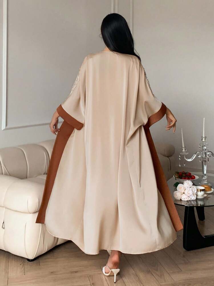 Women's Colorblock Splice Sleeve Floral Lace Trim Loose Robe, Fall Pajama