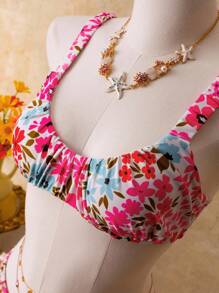SHEIN Swim 女式夏季沙滩花卉印花褶饰性感比基尼两件套泳衣套装 - 彩色 - 查看 5