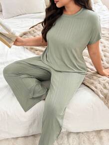 SHEIN Ribbed Soft & Skin-Friendly Casual Homewear Pajamas Set, Plus Size, Outfits - Green - View 4
