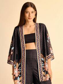 CAJUNI Floral Print Kimono Cover-Up, For Beach Vacation - Black - View 3