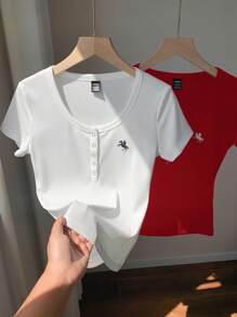 Comfortcana 2pcs Wine Red & White Solid Henley Neck Embroidery Fitted Short Sleeve T-Shirts