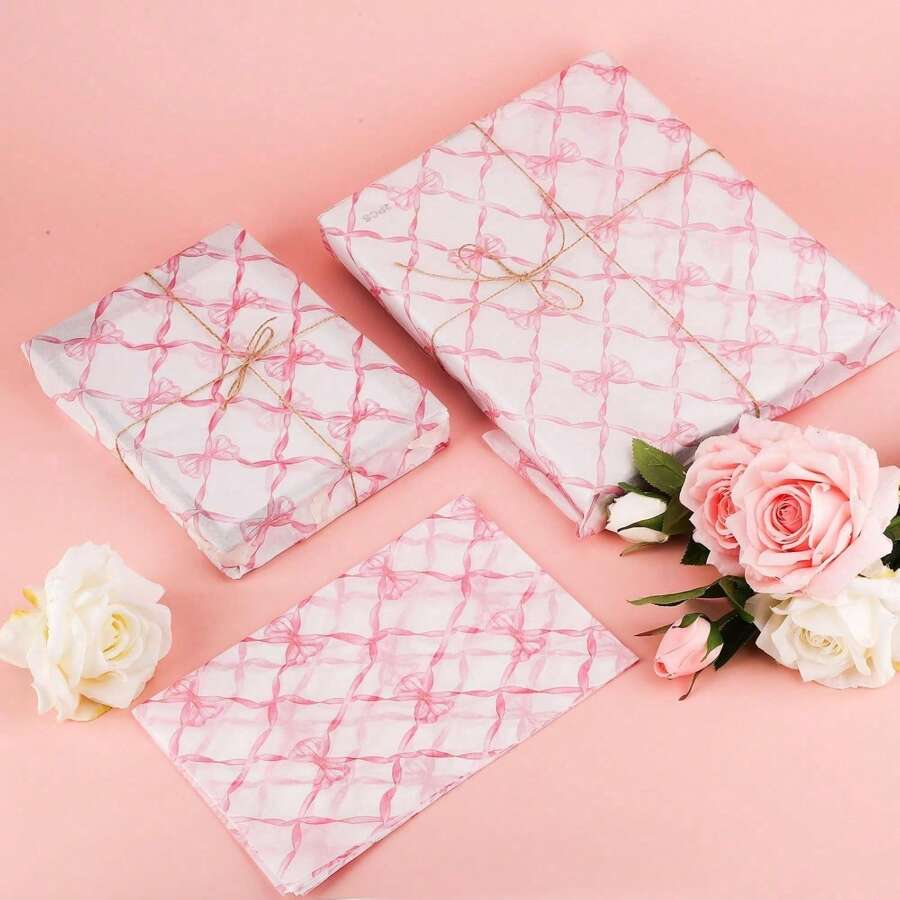 SHEIN 10/20pcs Pink Net Bowknot Print Tissue Paper, 14x20 Inch Packaging Tissue Paper Gift Wrap Paper Bow Wrapping Paper Sheets For Birthday Wedding Gift Packing Bag - Pink - View 1