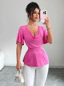 Elenzga Nouveau t-shirt femme manches bouffantes cranberry rouge à encolure portefeuille, avec design de lien réglable, coupe slim et tissu élastique, polyvalent, pour le printemps et l'été