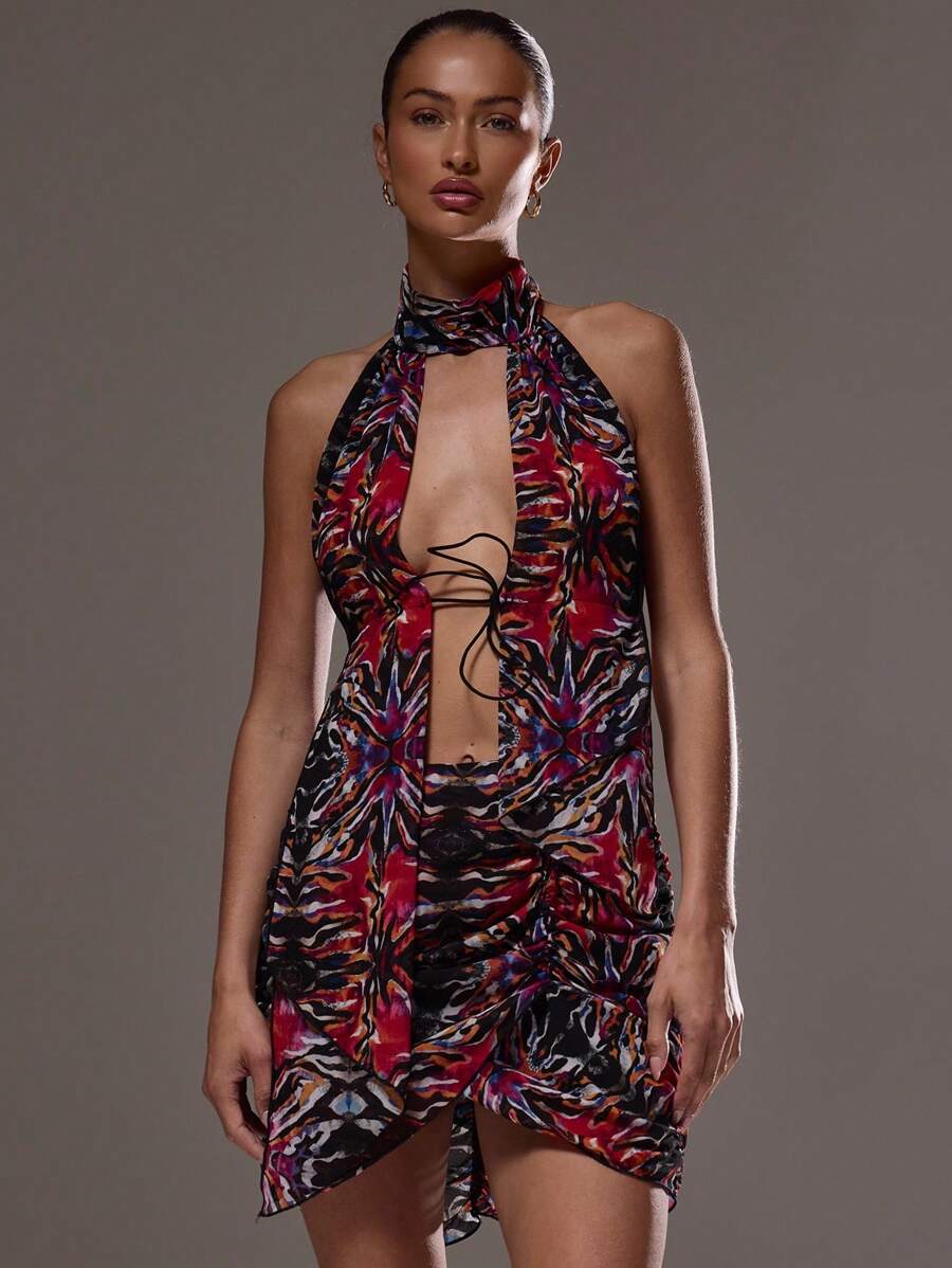 MUSERA Sexy Halterneck Wrap Mini Dress Sexy Going Out Party Summer Vacation Ibiza Outfit Holiday Club Outfit Wedding Guest Date Night Night Out Birthday Party Elegant Chic - Multicolor - View 1