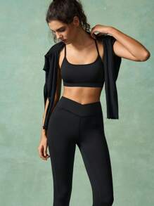 VARSIVA Conjunto de mujer de top corto de tirantes de unicolor y pantalones de manga larga para hacer ejercicio - Negro - Ver 7