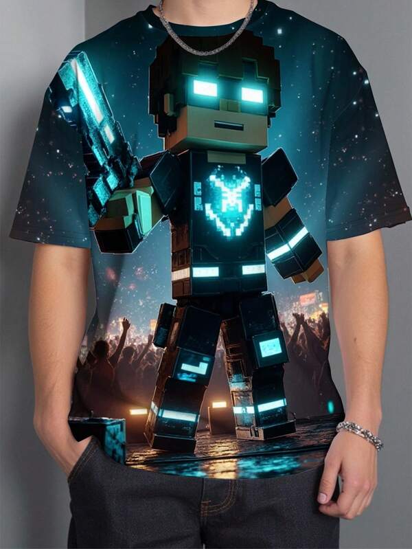 SHEIN Tween Boy Casual Cool Classic Cartoon Pixel Cube Future Warrior Character Print Round Neck Short Sleeve T-Shirt, Suitable For Summer