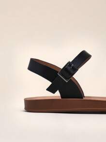 Mini mi Luxury-Inspired Kids' Buckle Strap Harness Cut Out Square Toe Vegan Leather Black Sandals – Quick-Dry Comfy Beach Shoes For Pool, Mall, Vacation