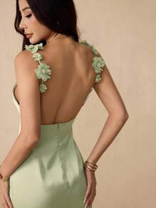 SHEIN PETITE Đầm không tay thanh lịch họa tiết hoa 3D cho nữ - Màu xanh Bạc hà - Xem 3