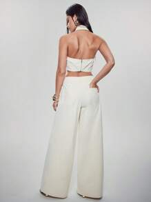 Denimoi Pantalon large décontracté plissé de couleur unie pour femmes