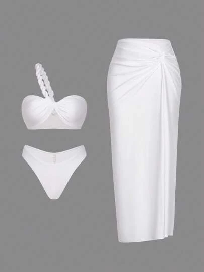 Swim Oasis 3pcs Set Summer New Solid Color Asymmetrical Shoulder Twist Top, Bikini Bottoms & Beach Skirt Swimsuit Set