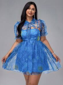 SHEIN 波西米亚风情装扮：梵高星空印花欧根纱泡泡袖短开衫 + 细肩带蓬松迷你连衣裙，公主派对礼服，夏季女装 - 彩色 - 查看 3