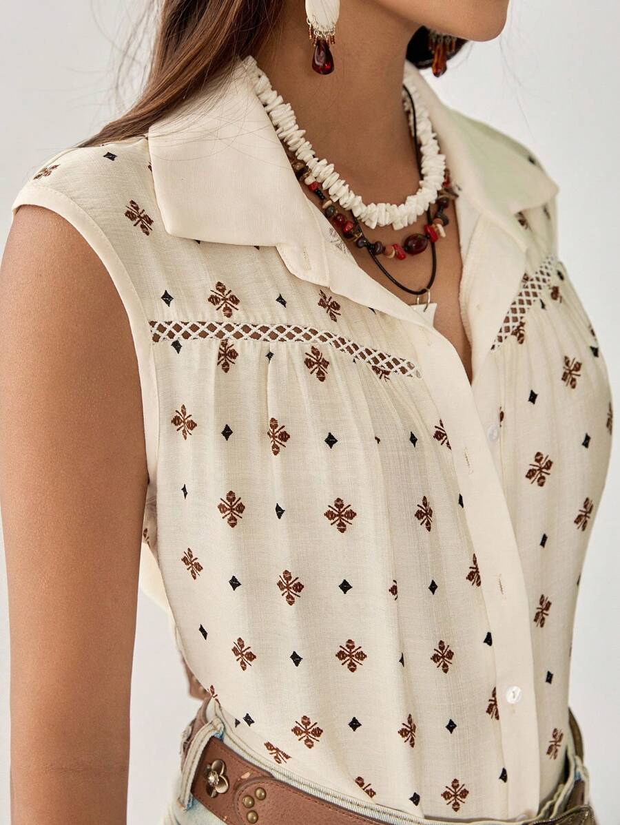 Weeklong Áo sơ mi không tay in họa tiết Bohemian màu mơ cỡ lớn cho nữ - Màu be - Xem 1