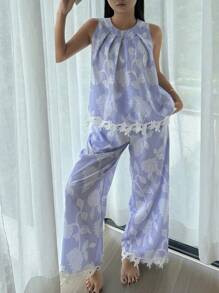 DAZY 花卉印花露背荷叶边上衣搭配阔腿长裤女士睡衣套装，度假风格睡衣 - 淺藍色 - 查看 6