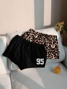 SHEIN EZwear 2pcs/Set Women Leisure Sports Leopard Print & Stripes Pattern Button-Up Tie-Front Shorts Set, Suitable For Summer Back To School - Black - View 5