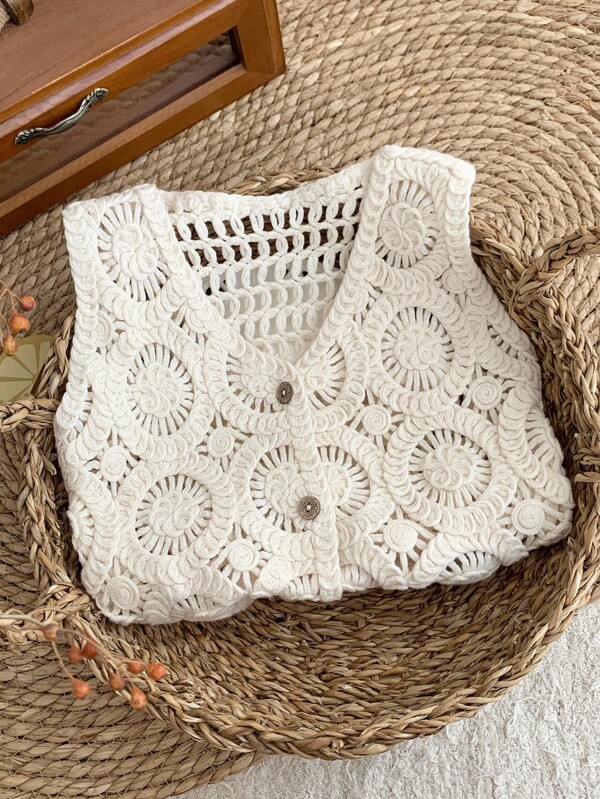 LMoss Kids LMoss  Young Girl Solid Color Knitted Hollow Out Single-Breasted Cardigan