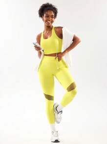 SHEIN Sports Bộ 2 món áo không tay và quần thể thao, trang phục cơ bản thiết kế lưới thoáng khí và thấm hút mồ hôi, bộ đồ tập luyện màu vàng cho nữ - Màu vàng - Xem 5