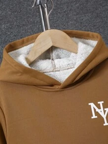 SHEIN Tween BoysWarm Basic Thickened Printed Pocket Hoodie Sweatshirt With Pants Set, Autumn/Winter Fall - Brown - View 5