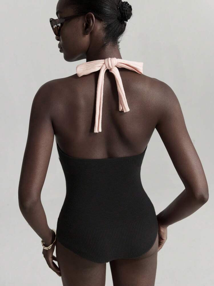 Elegant Contrast Color (Powder Pink & Dark Grey) Knit Bodysuit, Halter Neck Sweater Top, Retro Modern Style