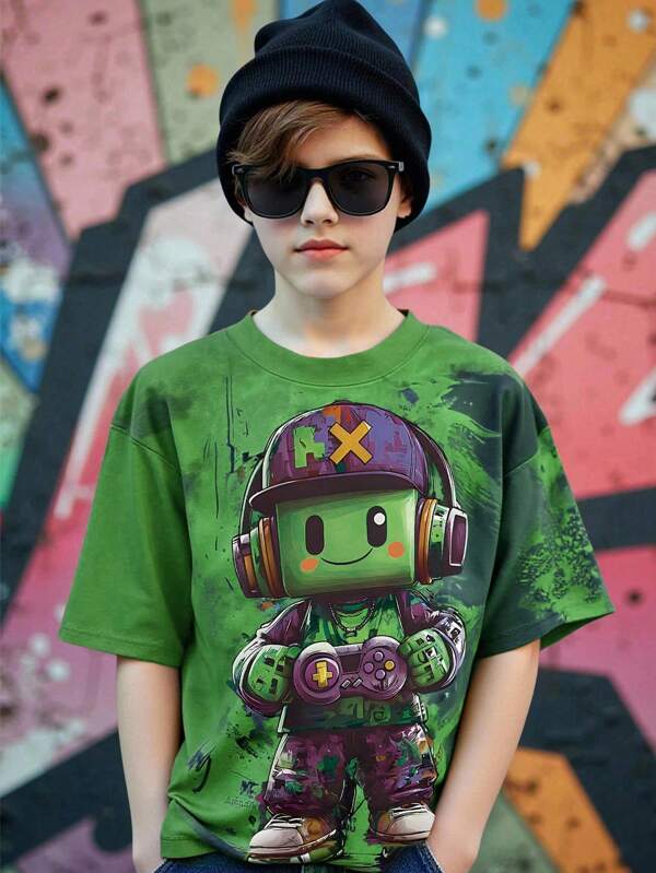 GraphicGems Camiseta de manga corta básica con estampado de persona en bloques de consola de juegos de dibujos animados coloridos y creativos para niños preadolescentes