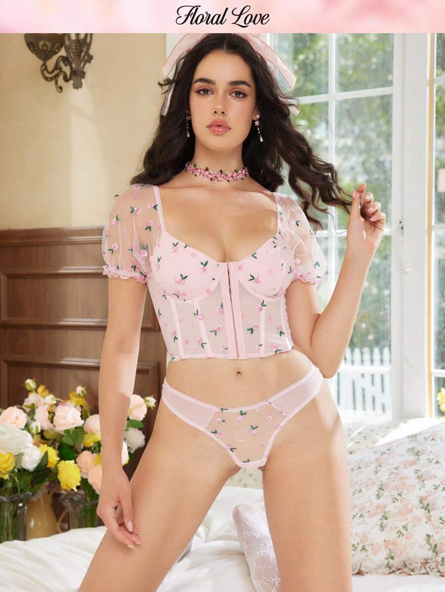 Bộ đồ lót nữ tính lãng mạn hoa lá Ditsy Sexy có tay bồng - Hồng - Xem 1