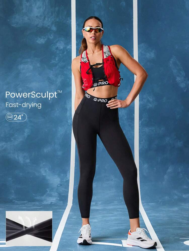 24" Powersculpt™ Cool Compression V-Line Hip Butt-Lifting Elastic Waist Active Leggings With Side Pockets High Impact Running Jogging Training Gym Workout