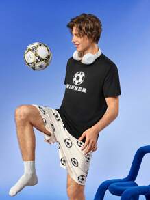 NotGurli Men's Football Print Short Sleeve Shorts Pajama Set