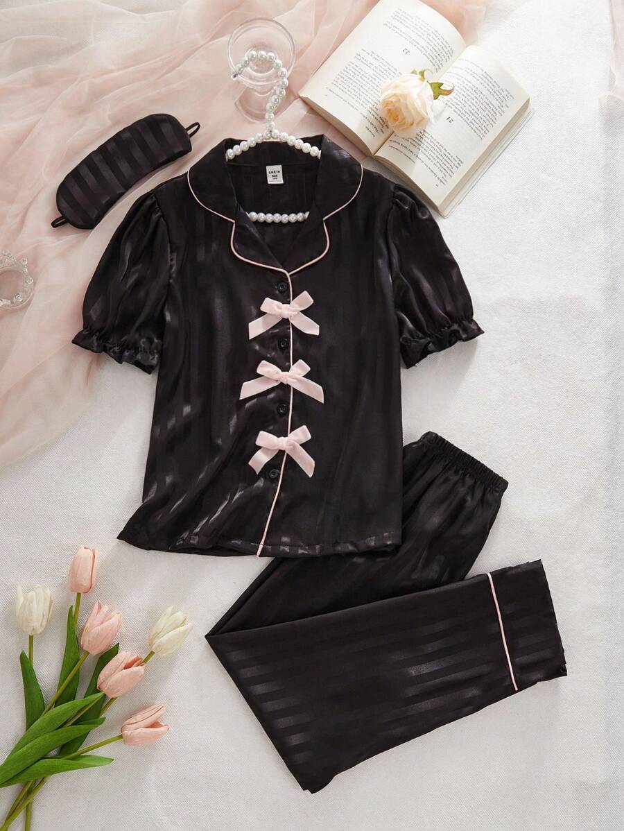 Tween Girls Striped Black Woven Fabric Crepe Soft Casual Pleated Flounce Bow Front Decor Short Sleeve Top And Pants 2 Pieces Elegant Fashionable Loungewear Set - Black - View 1